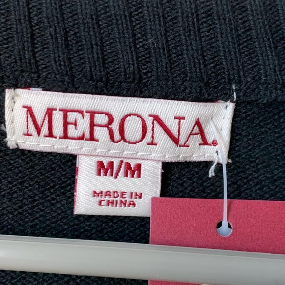 MERONA Black White Green Argyle Front Long Sleeve Cotton Rayon Nylon Sweater - Picture 3 of 8